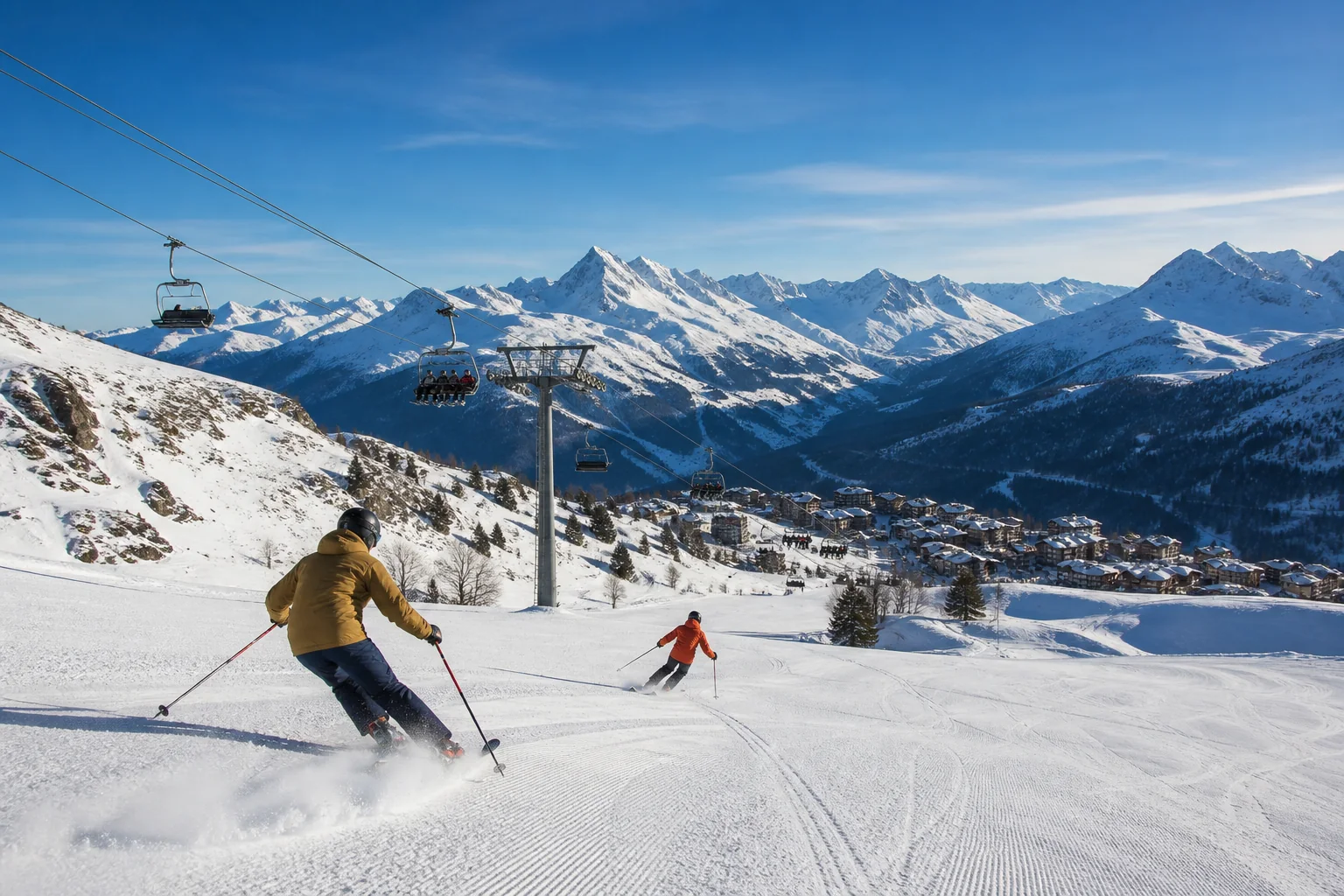 Vlastná fotografia slnečného francúzskeho alpského strediska pre stredisko Val Cenis
