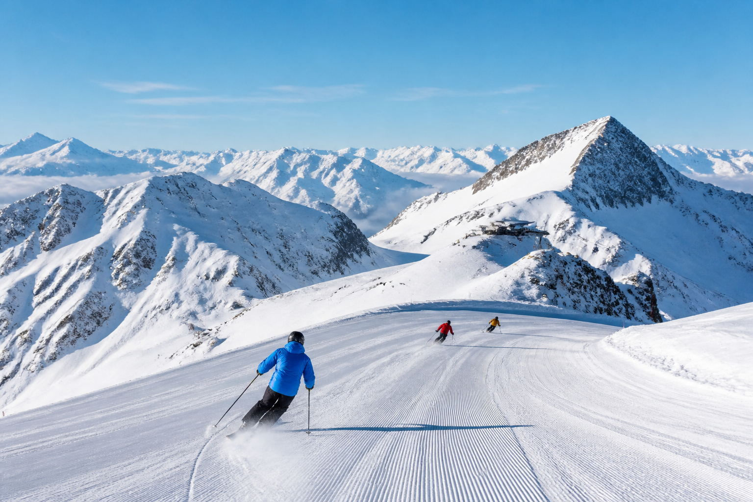 Vlastná fotografia vysokohorského francúzskeho lyžovania pre stredisko Val D'Isère