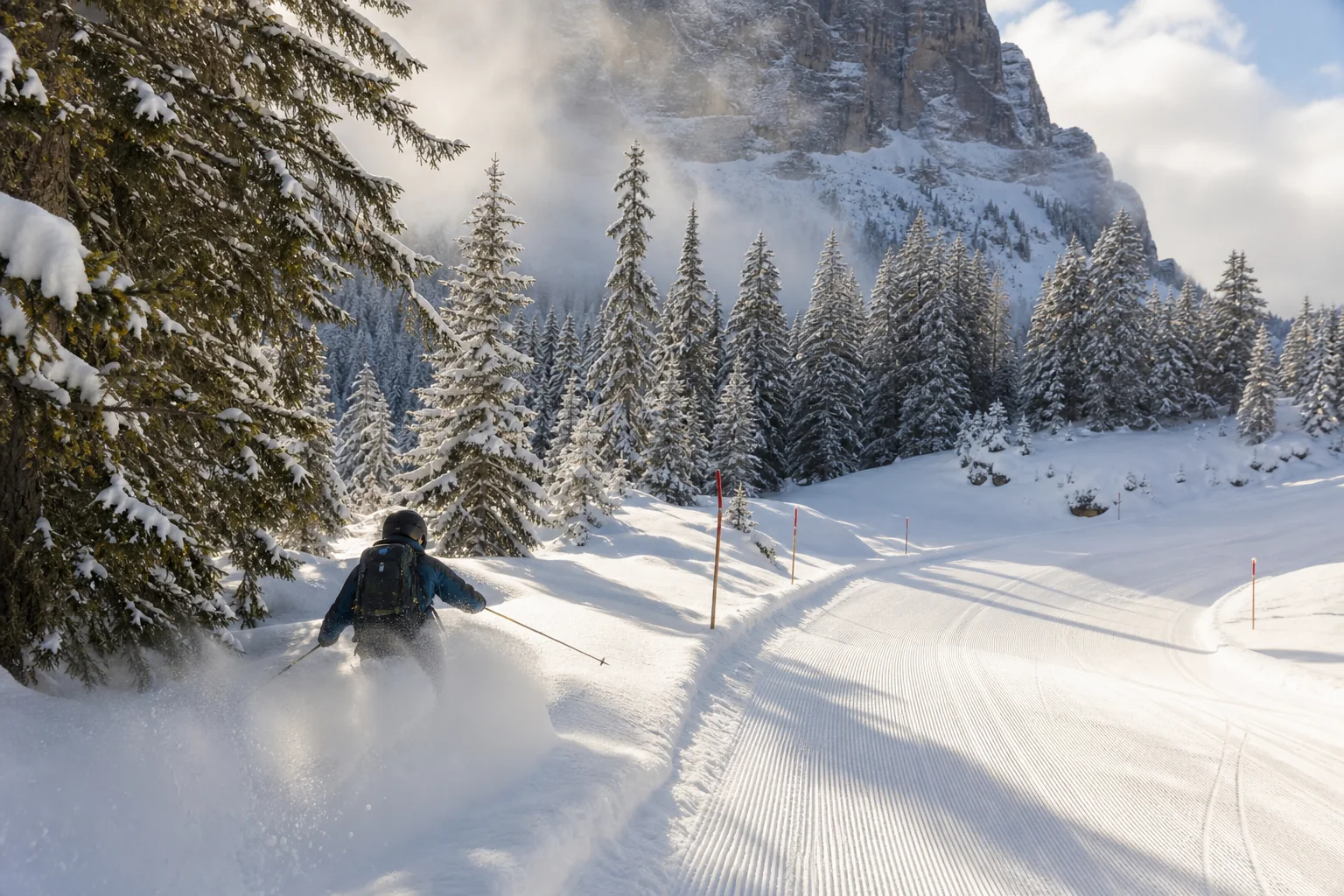 Vlastná fotografia švajčiarskeho lesného a prašanového terénu pre stredisko Grimentz/Anniviers